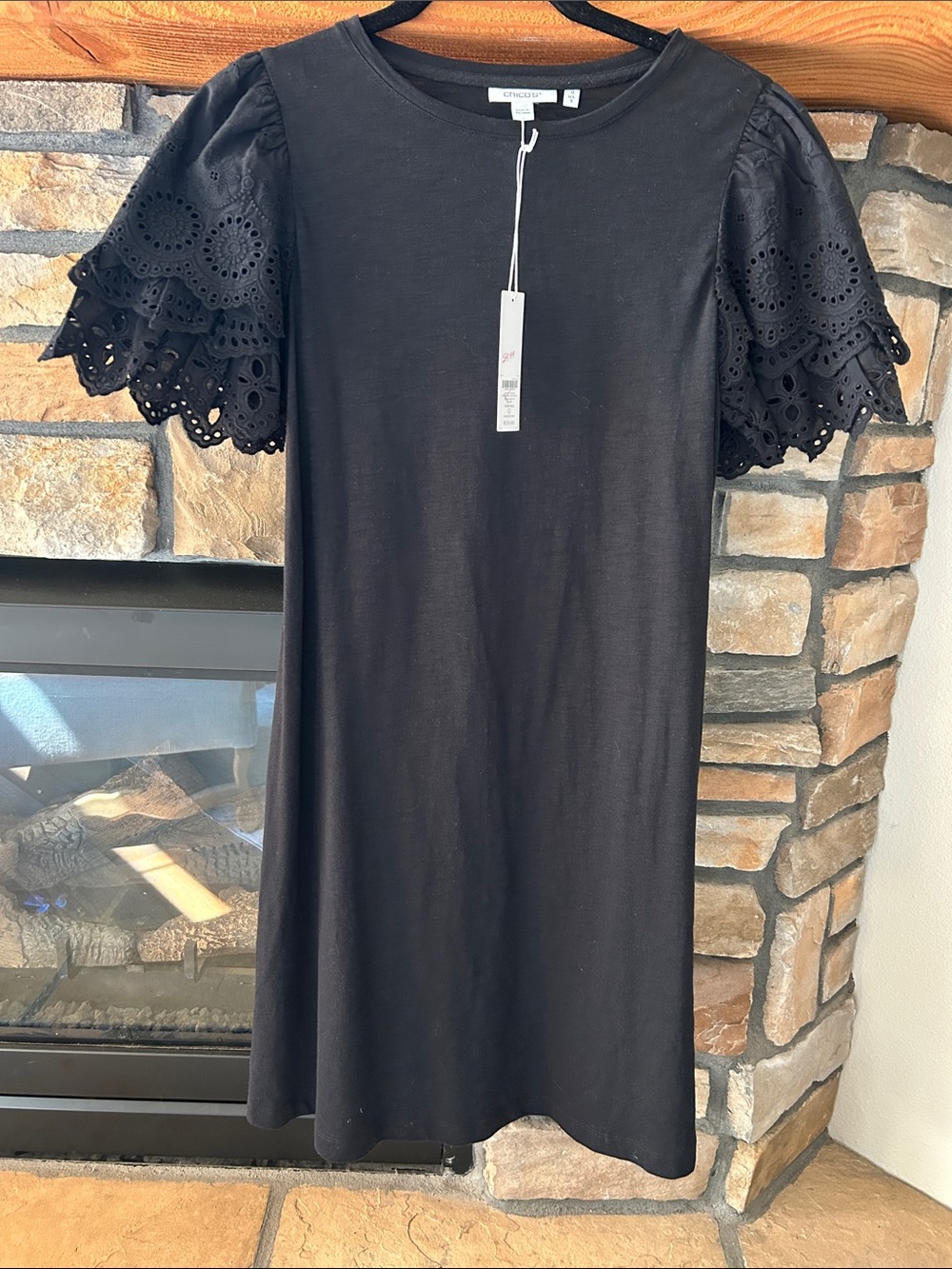 Chicos  Black Eyelet Flutter Sleeve Dress- brand new!
